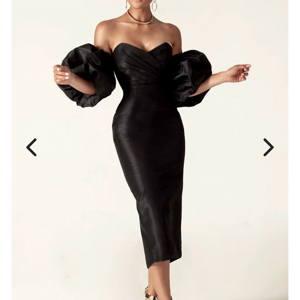 Chic Black Strapless Dress with Puff Sleeves